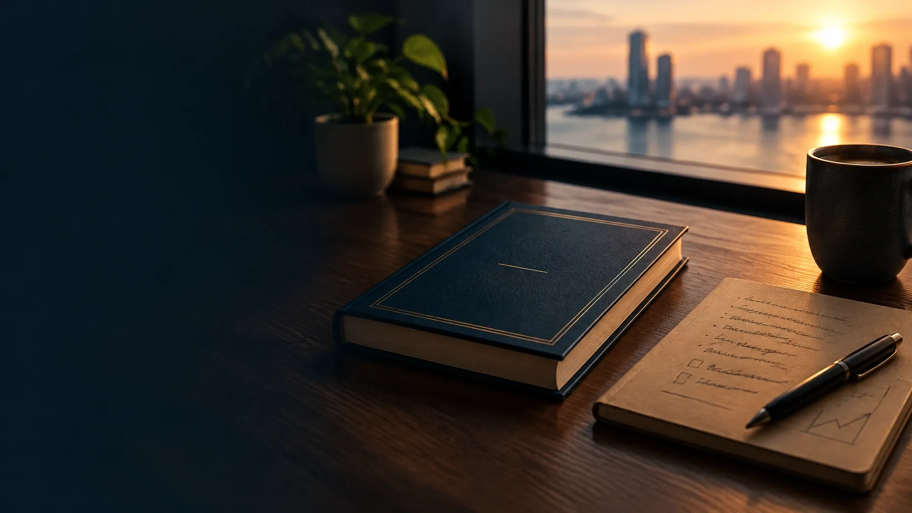 Books and a planning notebook on a desk beside a city window at dusk